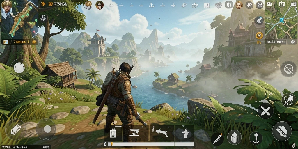 Screenshot gameplay 77SINGA yang menunjukkan eksplorasi dunia terbuka yang luas.