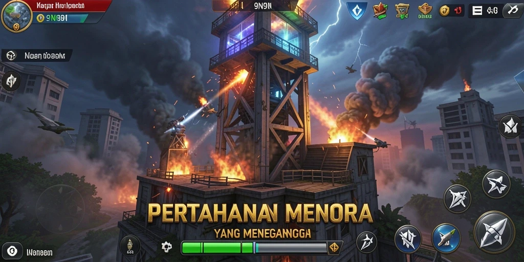 Screenshot utama dari gameplay 9N9N yang menampilkan strategi Tower Defense.