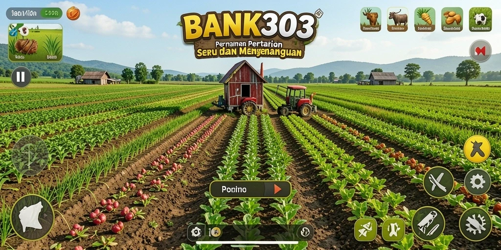 Screenshot BANK303 menampilkan petualangan pertanian yang menarik dan penuh warna.