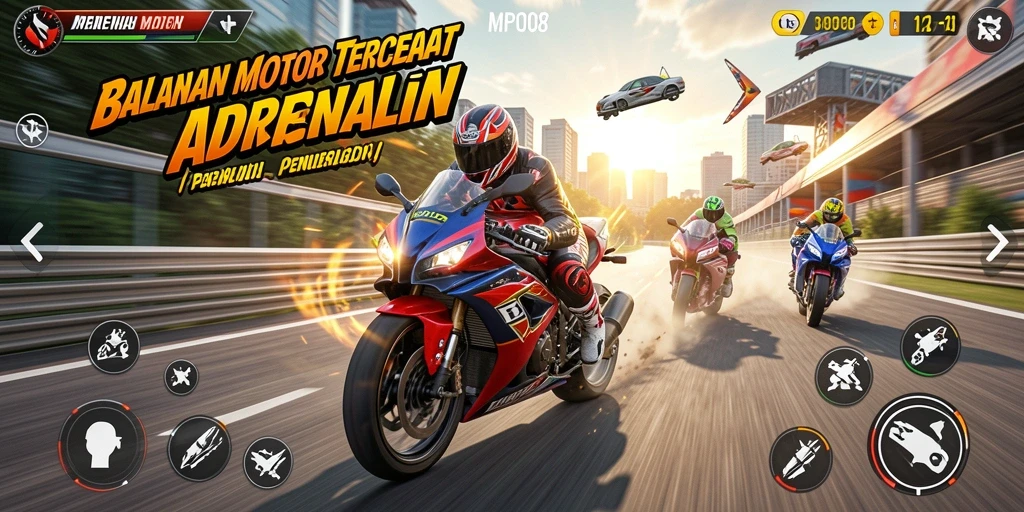 Tampilan gameplay seru di MPO08, balapan motor tanpa henti.